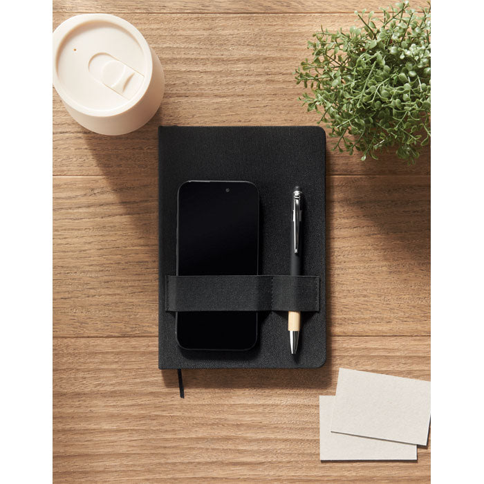 Phone holder hard cover notebook.