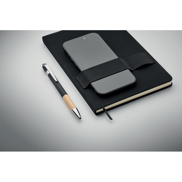 Phone holder hard cover notebook.