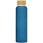Branded Frosted Glass Water Bottle with Bamboo Lid 590ml in Dark Blue