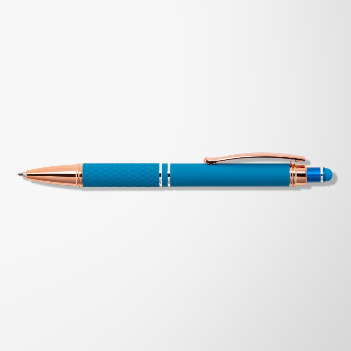 Branded Rose Gold Trim Soft-Touch Metal Pen with Diamond Grip in Light Blue