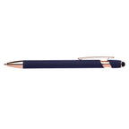 Branded Rose Gold Soft-Touch Metal Gel Pen with Stylus in Navy Blue