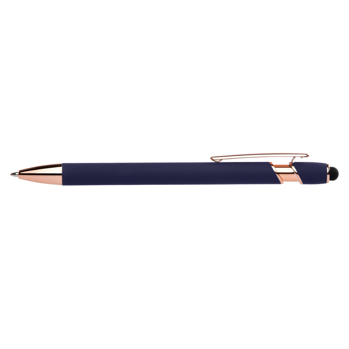 Branded Rose Gold Soft-Touch Metal Gel Pen with Stylus in Navy Blue