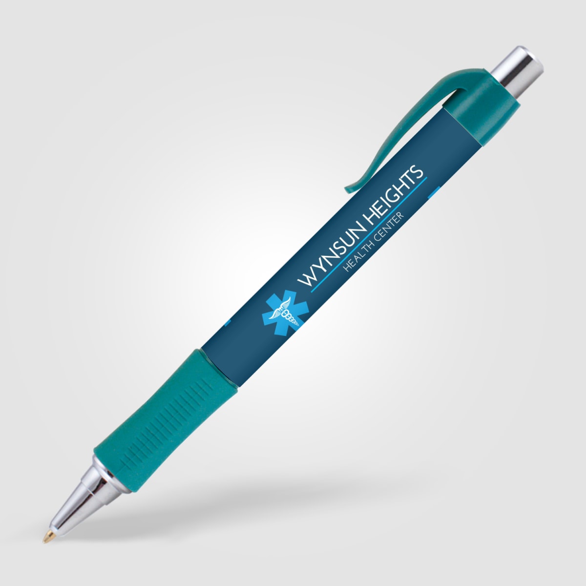 Branded Wide Body Retractable Pen with Chrome Accents in Teal