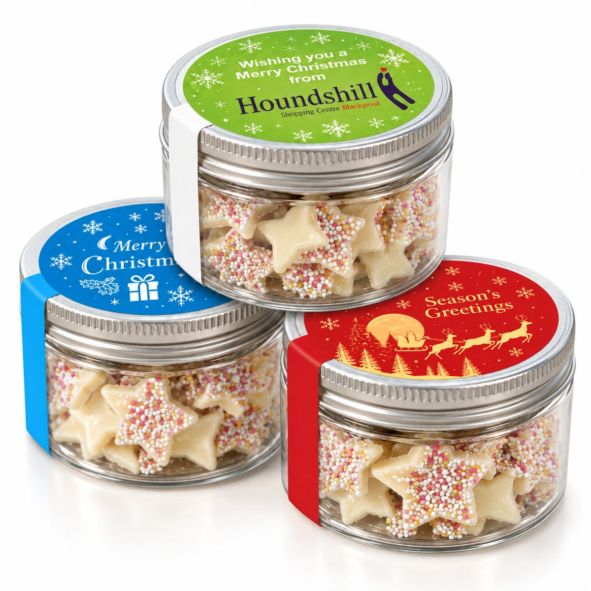 Branded Reuse Me Pot Regular filled with white chocolate stars, three printed lid designs