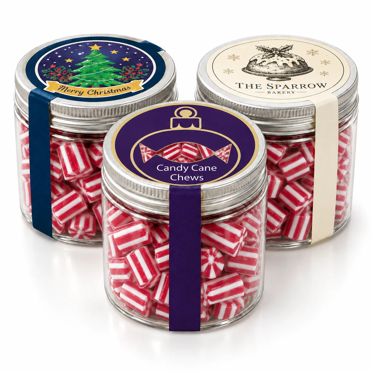Branded Reuse Me Pot Large filled with candy cane chews, three printed lid designs