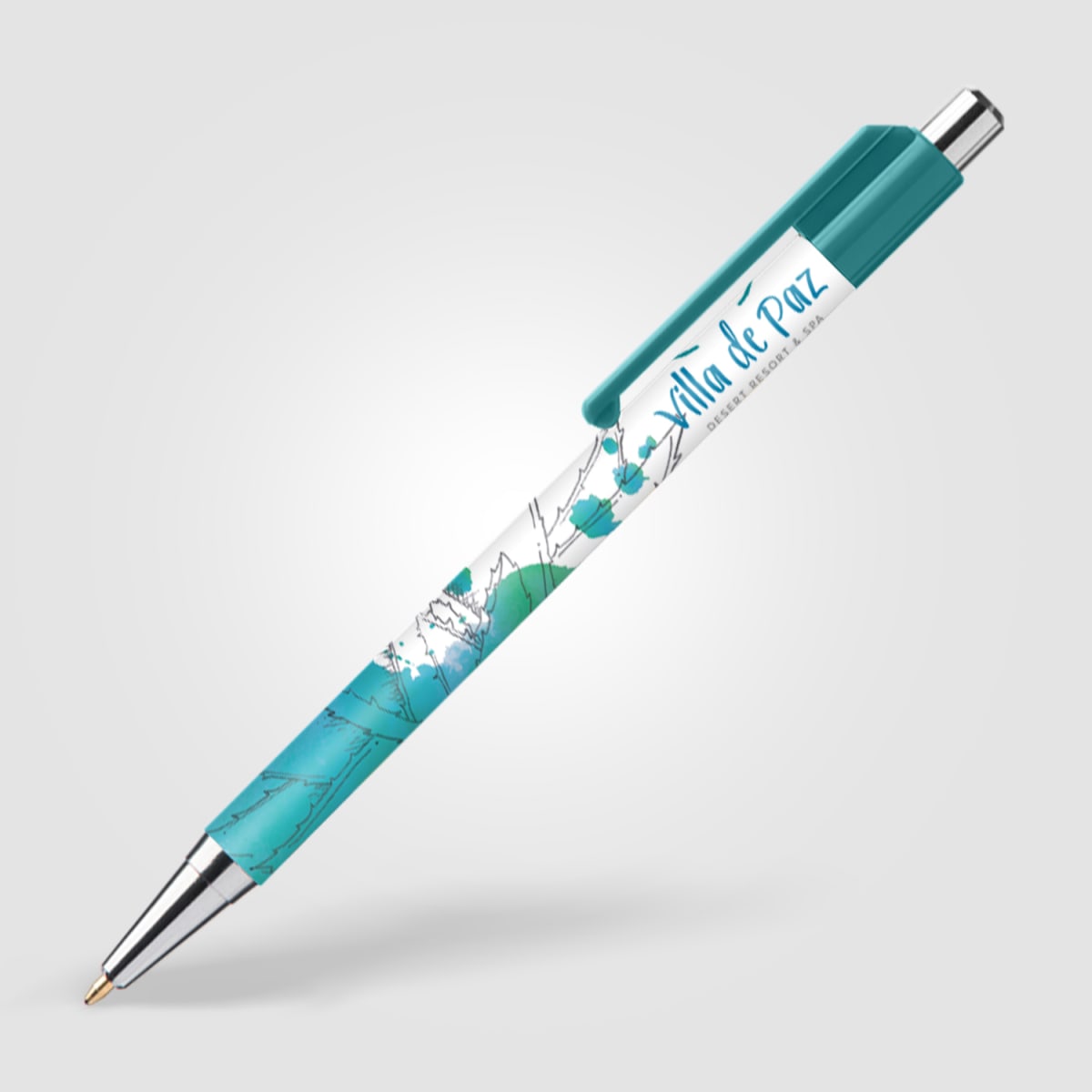 Branded Slimline Chrome Click Pen with Colour Clip in Teal