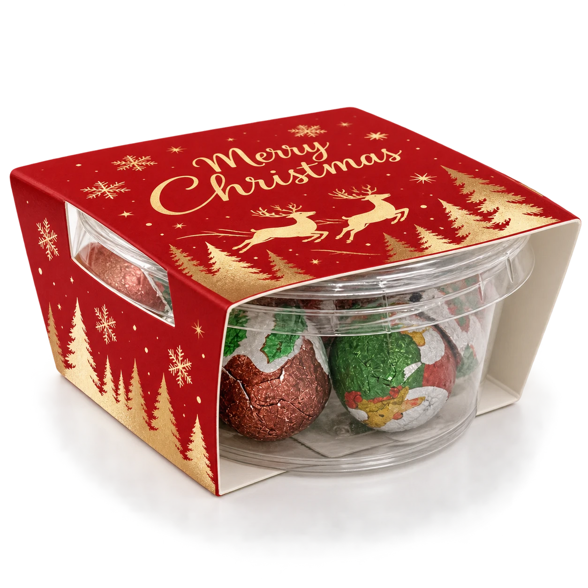 Branded Eco Tub Small filled with foiled chocolate baubles, festive Christmas packaging