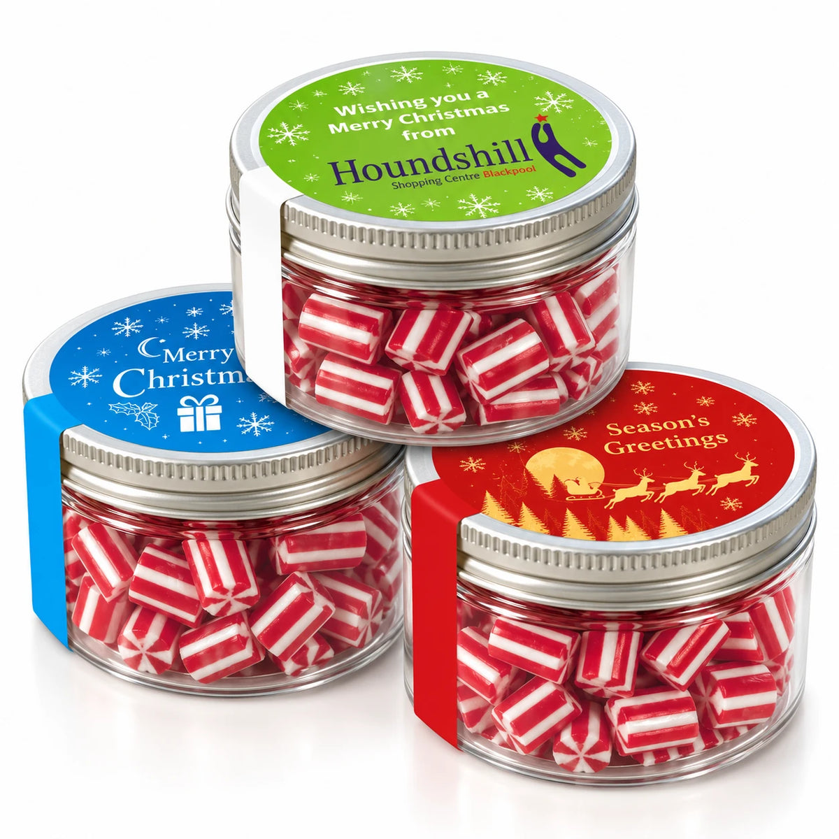 Branded Reuse Me Pot Regular filled with candy cane chews, three printed lid designs