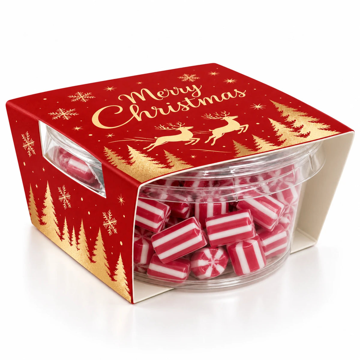 Branded Eco Tub Small filled with candy cane chews, festive Christmas packaging