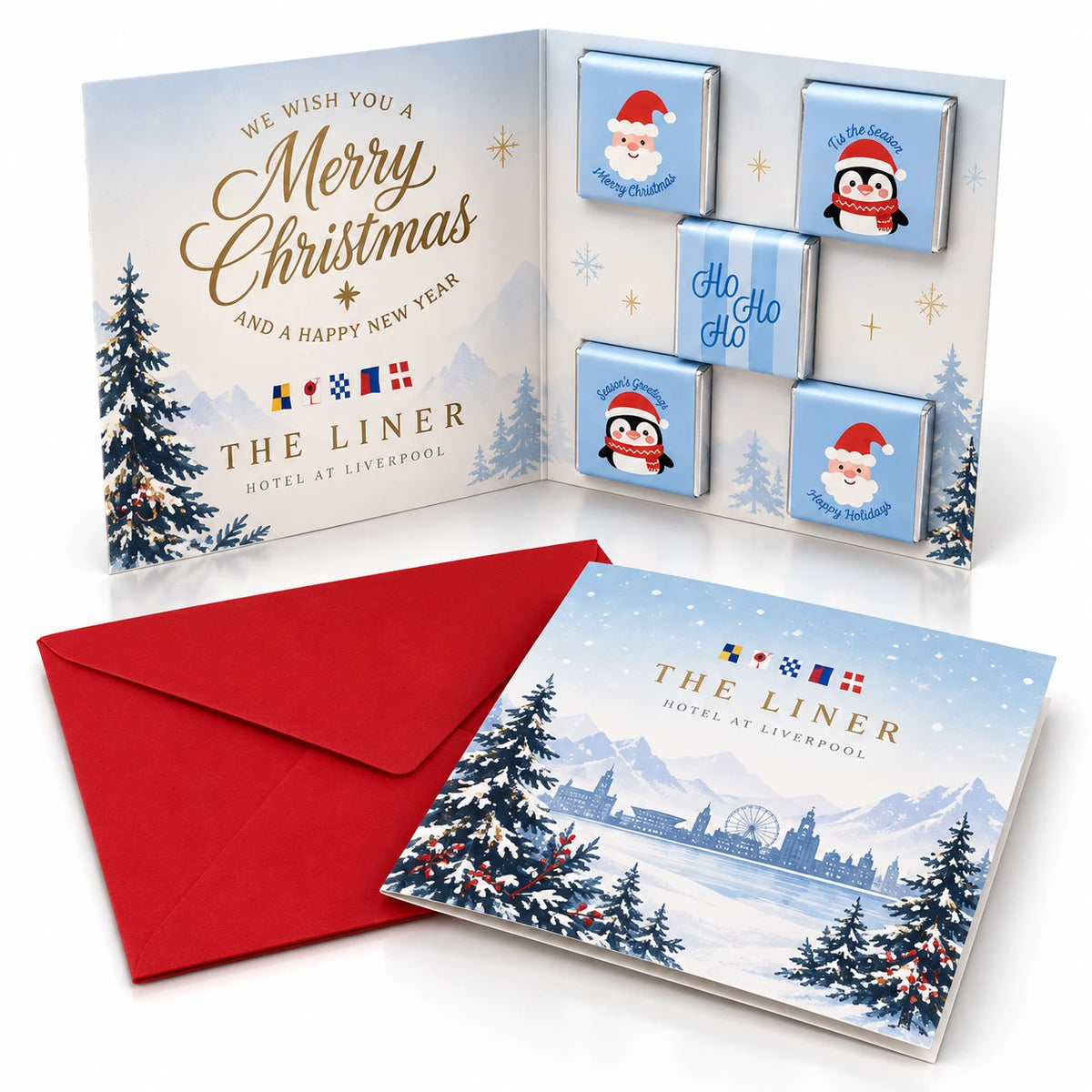 Branded Chocolate Christmas Card, five festive chocolates in individual envelopes