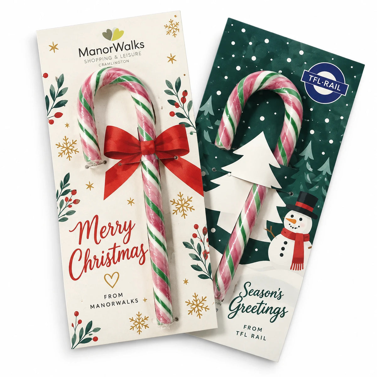 Branded Candy Cane Card, individually wrapped candy cane on a printed card