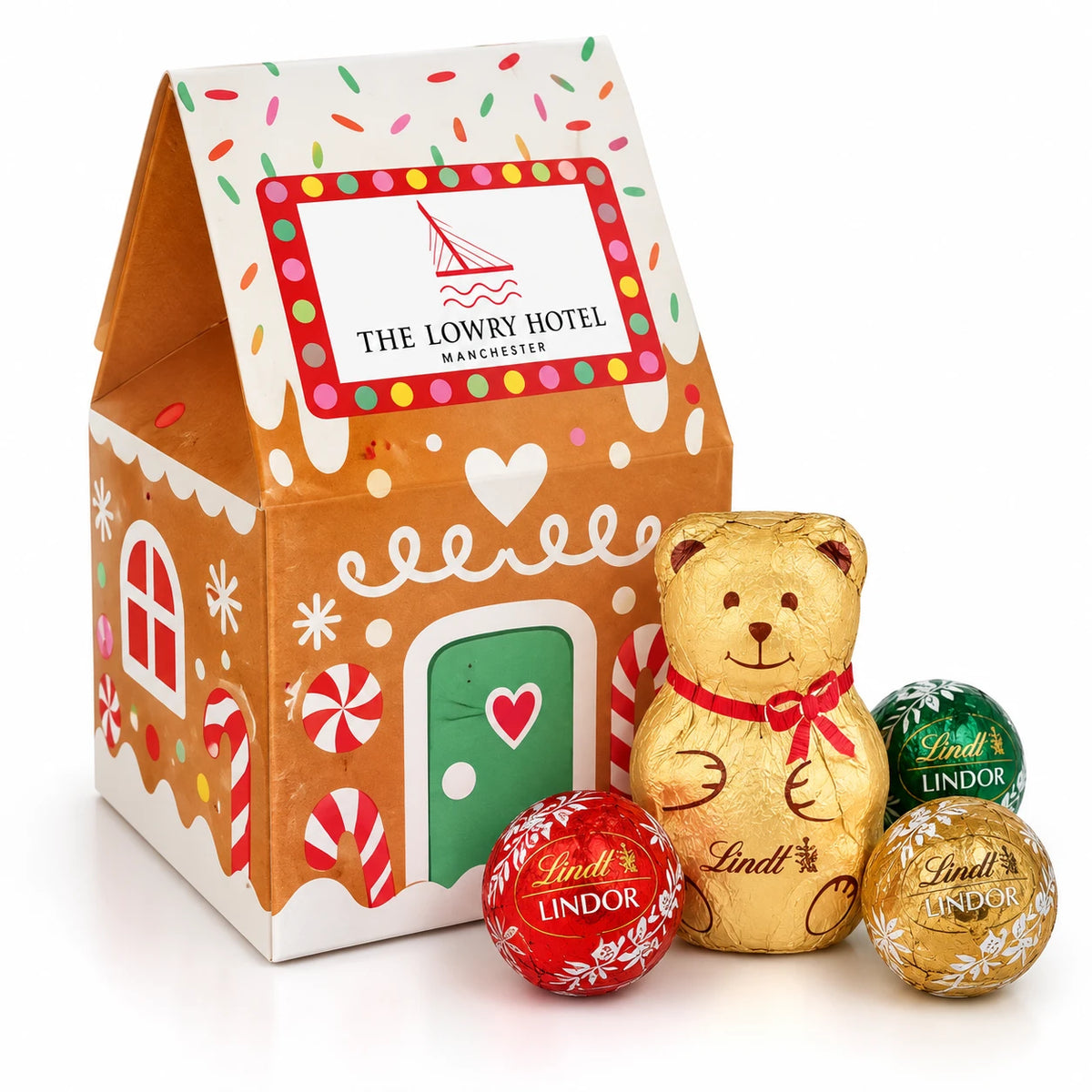 Branded Lindt Christmas House gift box with Lindt teddy bear and Lindor truffles