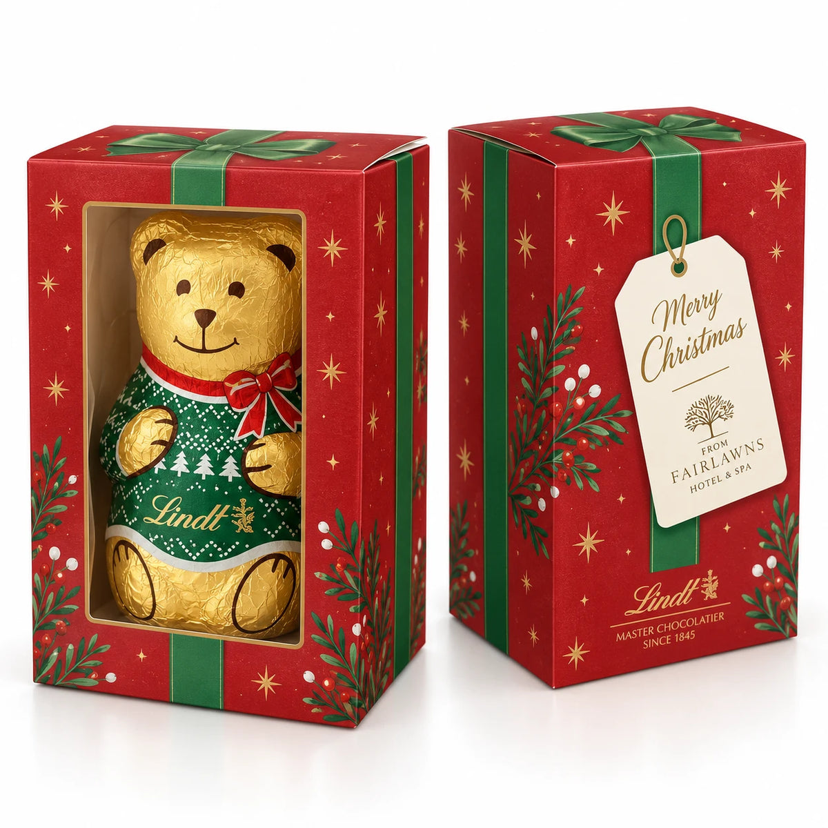 Branded Boxed Lindt Teddy Bear gift box with printed gift tag