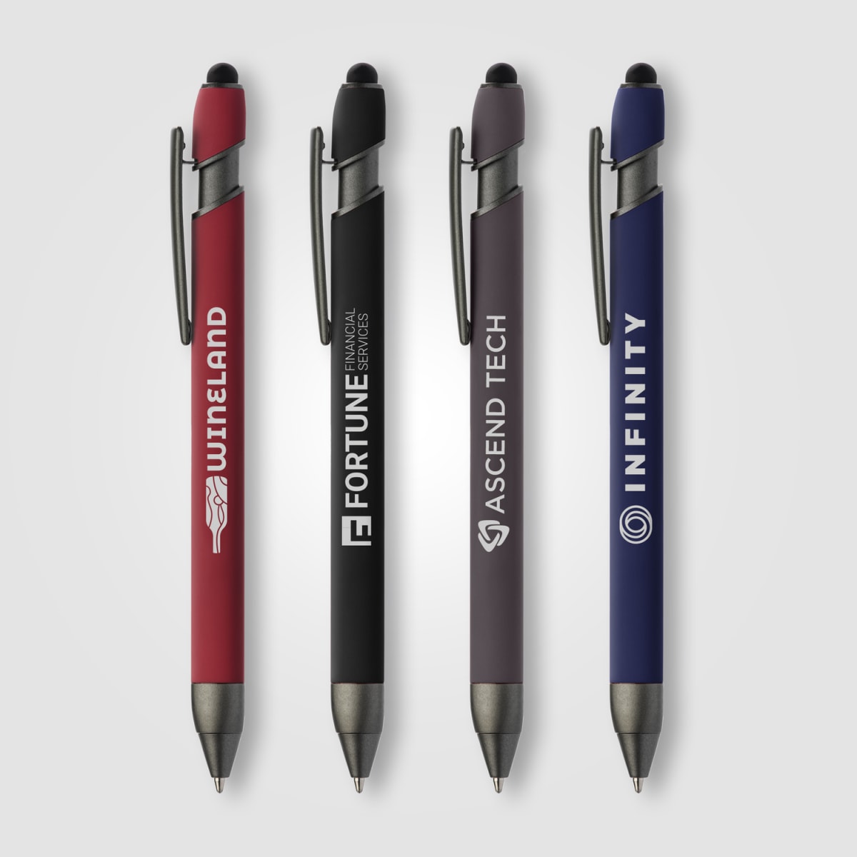 Branded Gunmetal Trim Metal Stylus Pen with Soft Touch Barrel