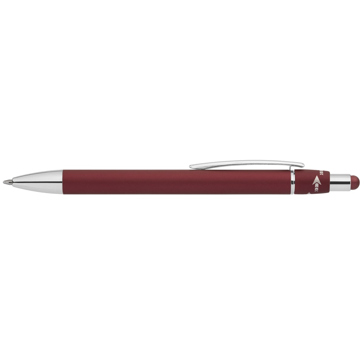Branded Metal Spinner Pen with Chrome Trim and Stylus in Burgundy