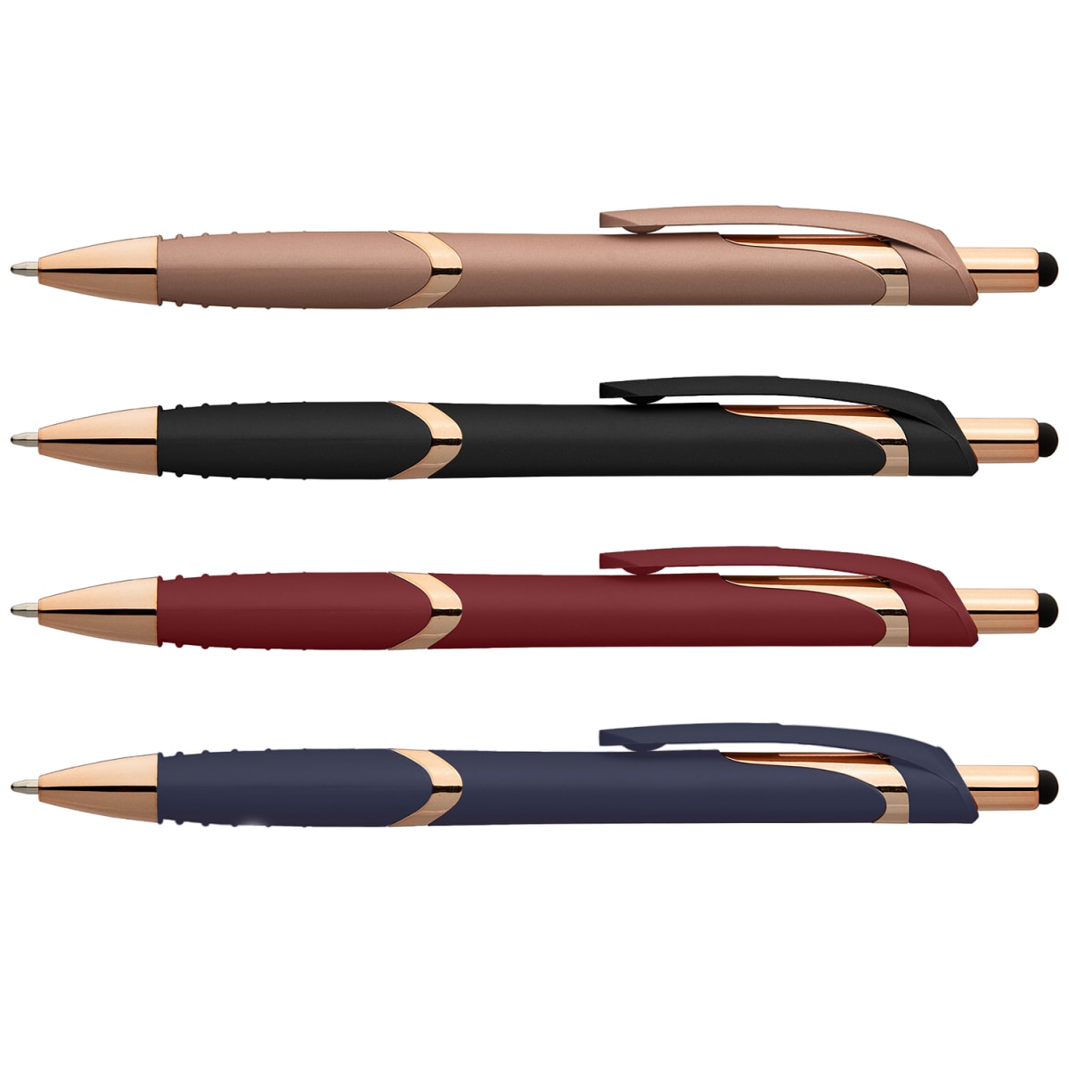 Branded Soft-Touch Plastic Pen with Rose Gold Trim and Stylus