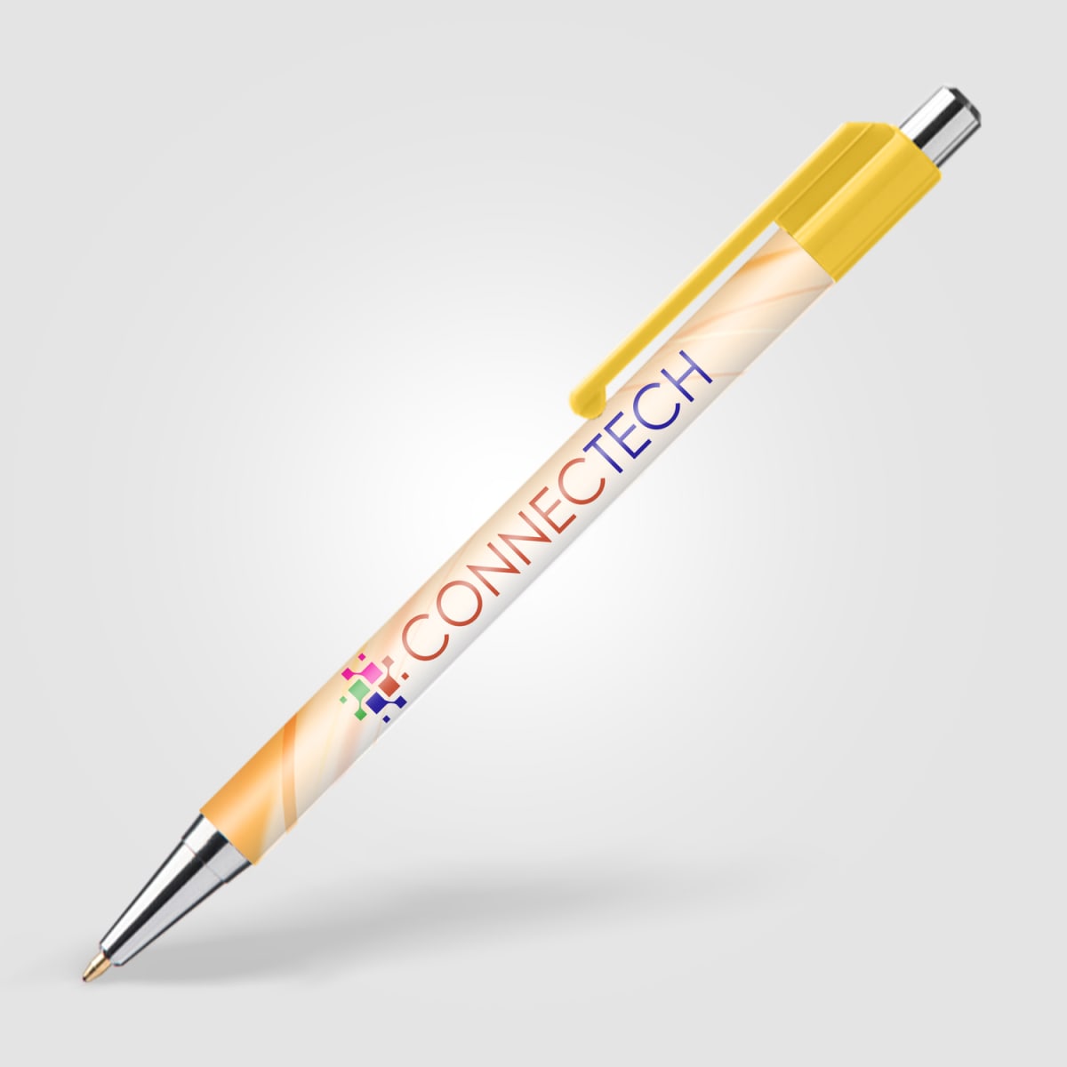 Branded Slimline Chrome Click Pen with Colour Clip in Yellow
