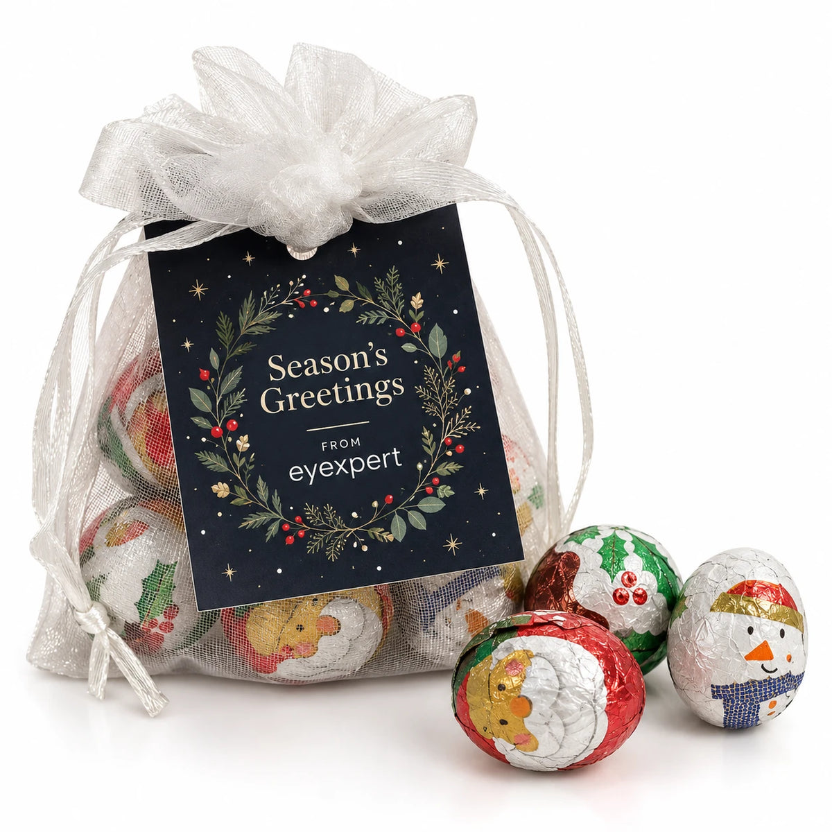 Branded Christmas Organza Bag with foiled chocolates and printed gift tag