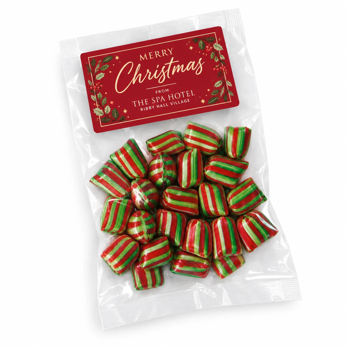 Branded Treat Bag filled with festive humbugs, printed label