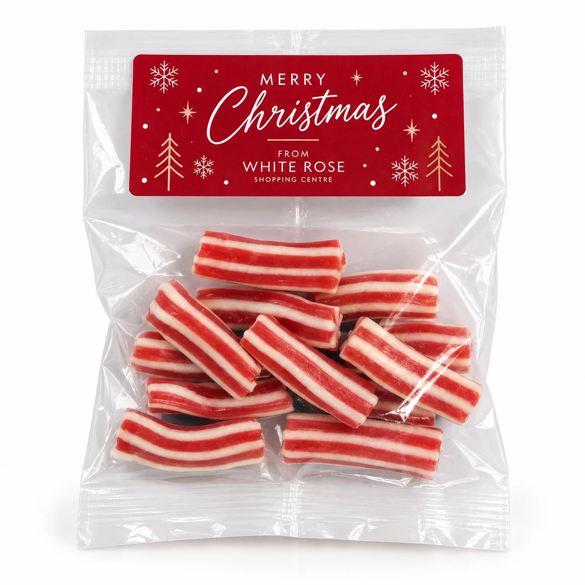 Branded Treat Bag filled with candy cane chews, printed label
