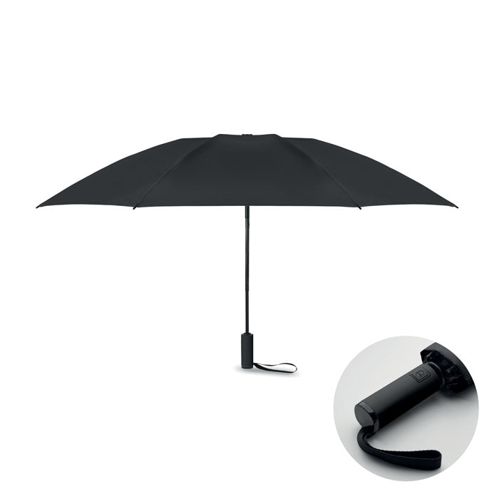 Black umbrella with a close-up of the handle on a white background