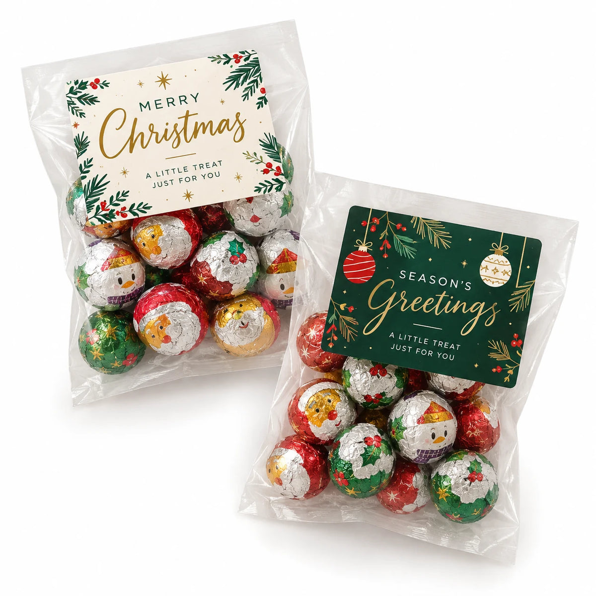 Branded Treat Bag Mini filled with foiled chocolate baubles, printed label