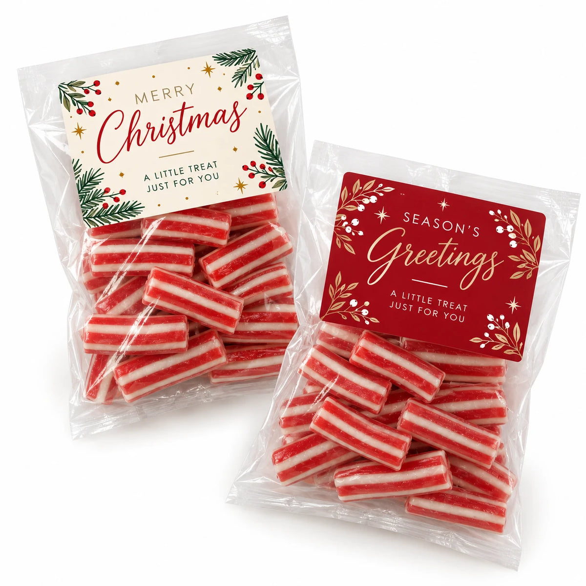Branded Treat Bag Mini filled with candy cane chews, printed label