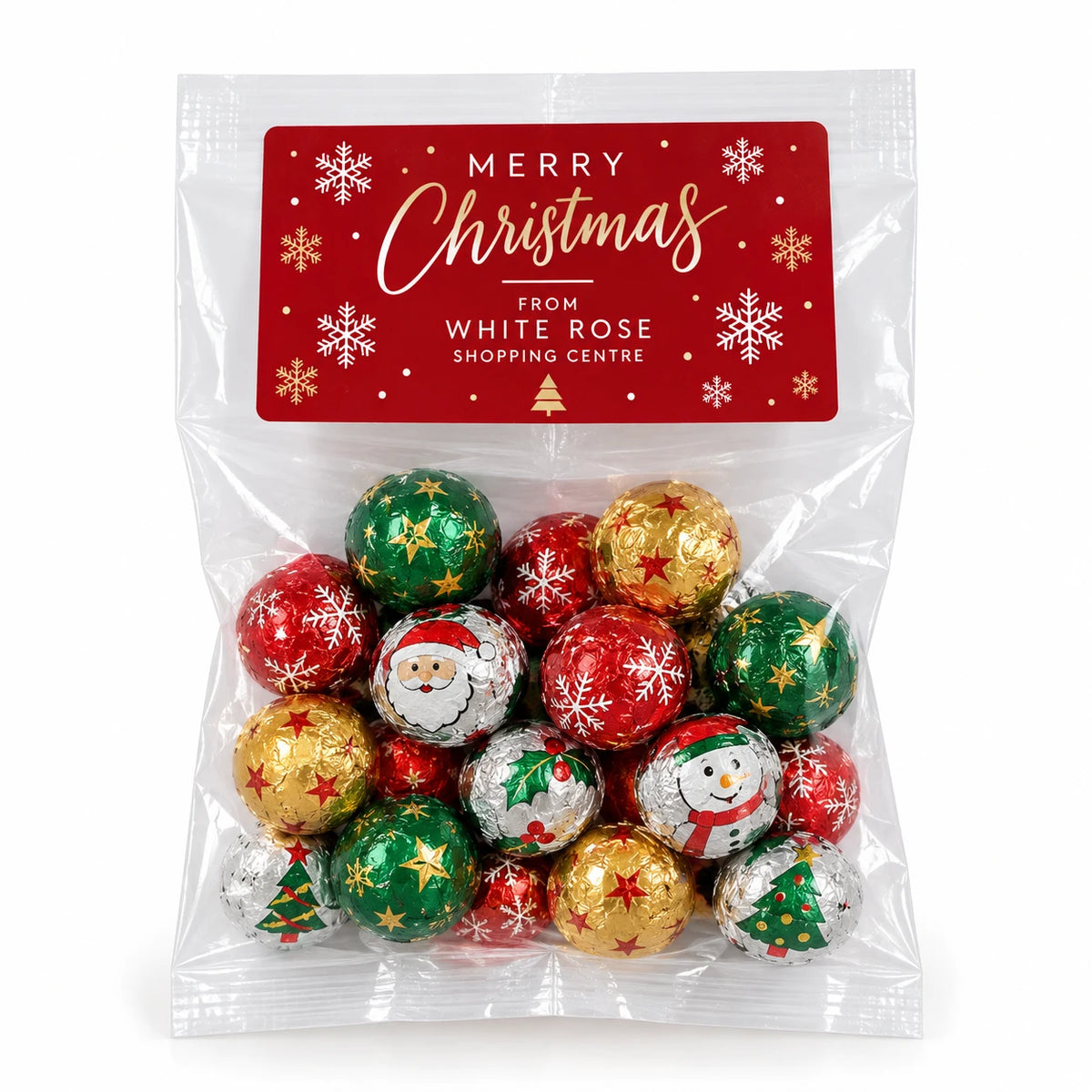 Branded Treat Bag filled with foiled chocolate baubles, printed label
