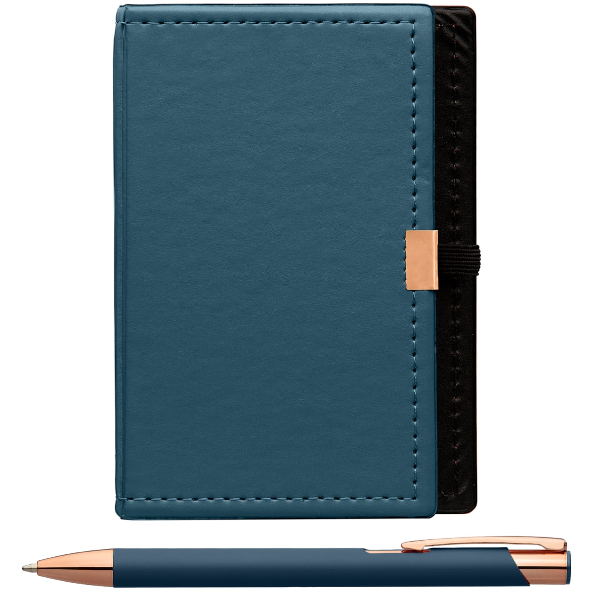 Branded Note Caddy Gift Set with Rose Gold Pen in Navy Blue