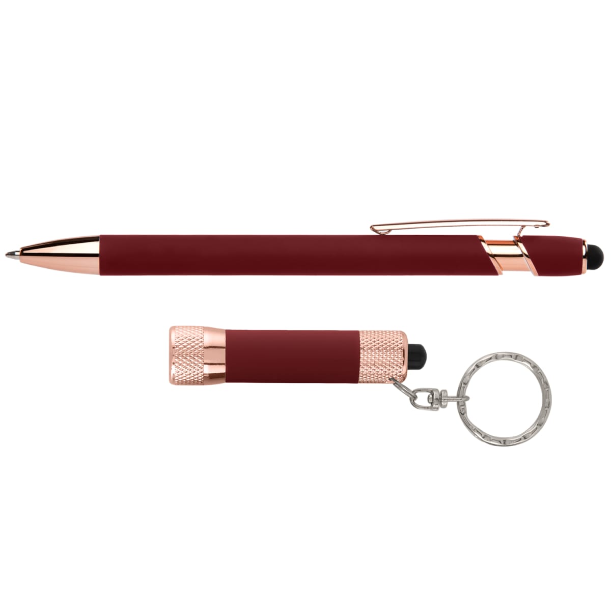 Branded Rose Gold Pen and Torch Gift Set with Window Box in Burgundy