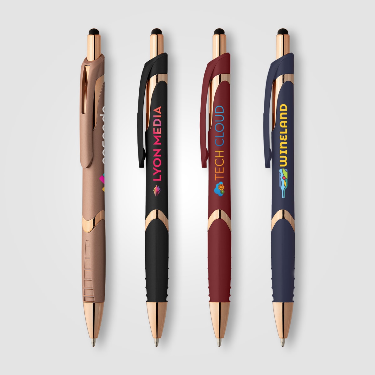 Branded Soft-Touch Plastic Pen with Rose Gold Trim and Stylus