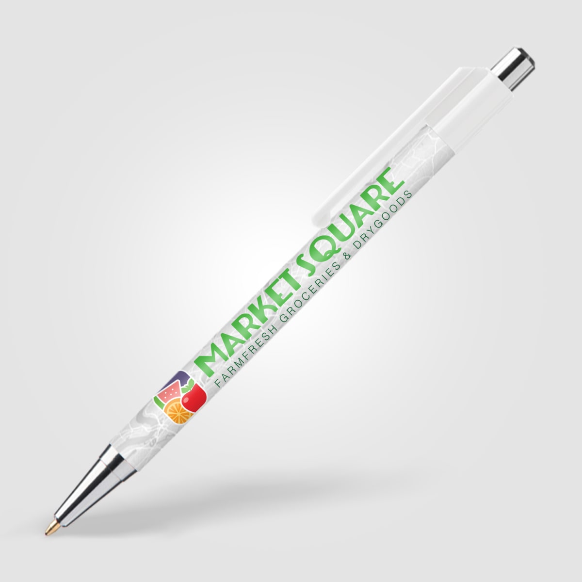 Branded Slimline Chrome Click Pen with Colour Clip in White