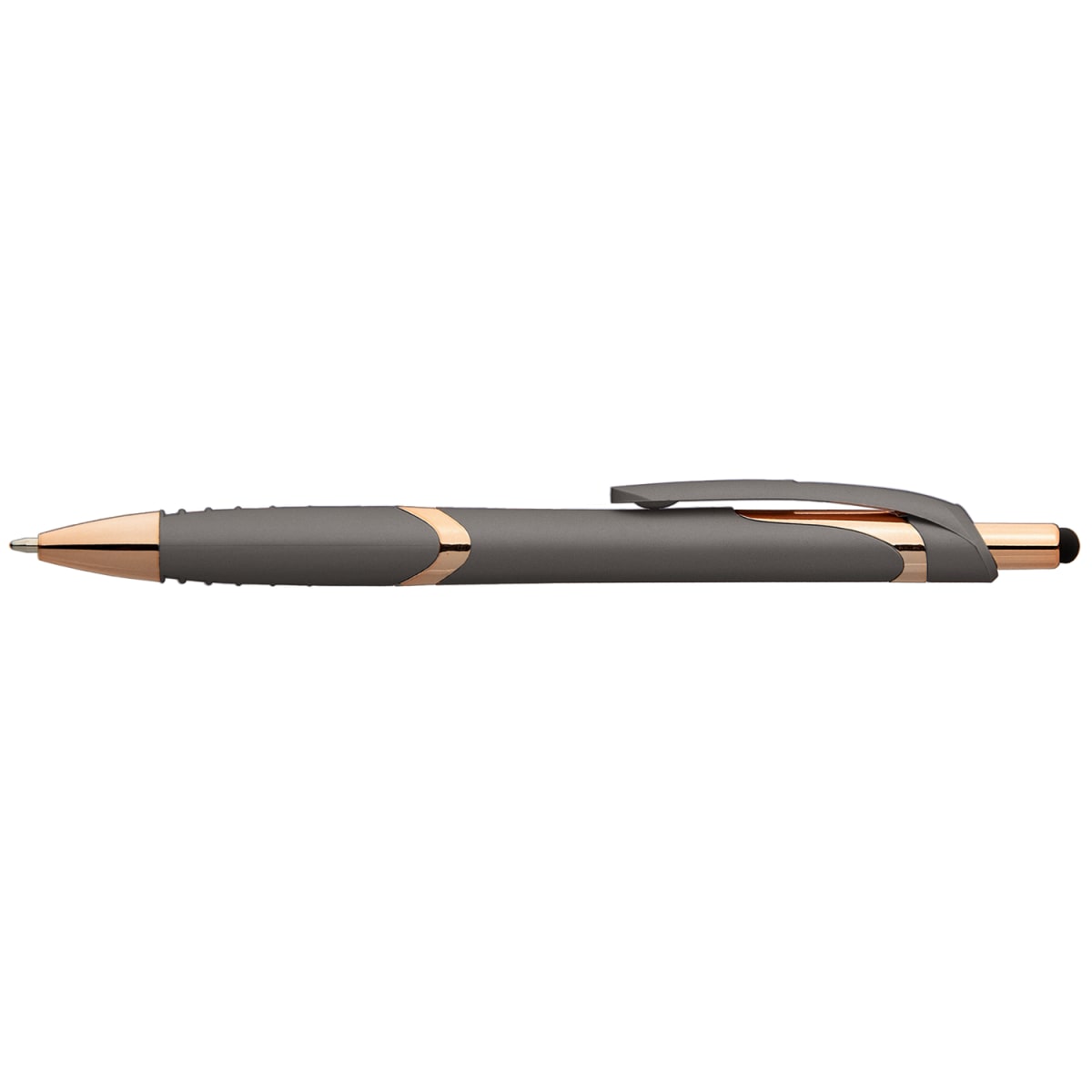 Branded Soft-Touch Plastic Pen with Rose Gold Trim and Stylus