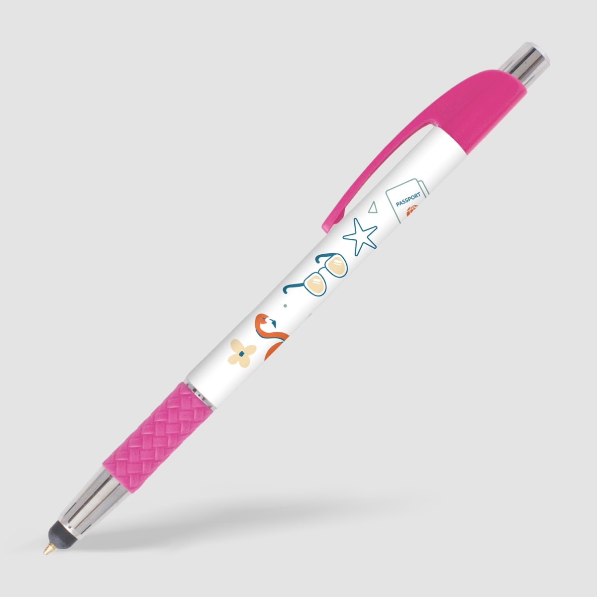 Branded Rubber Grip Ballpoint Pen with Integrated Stylus