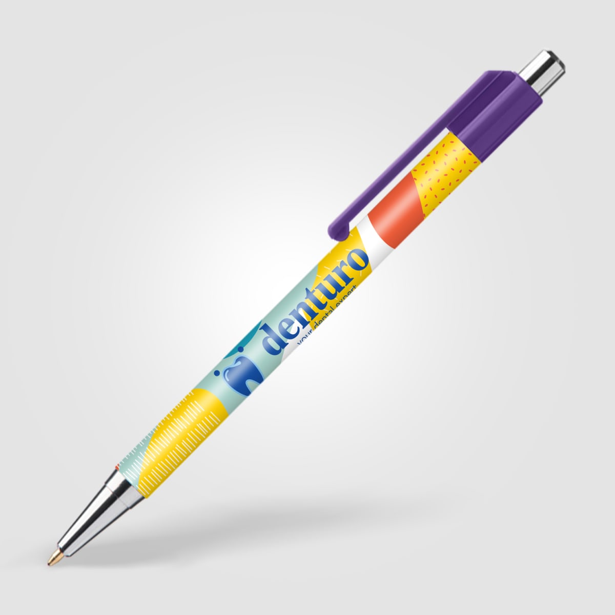 Branded Slimline Chrome Click Pen with Colour Clip in Purple