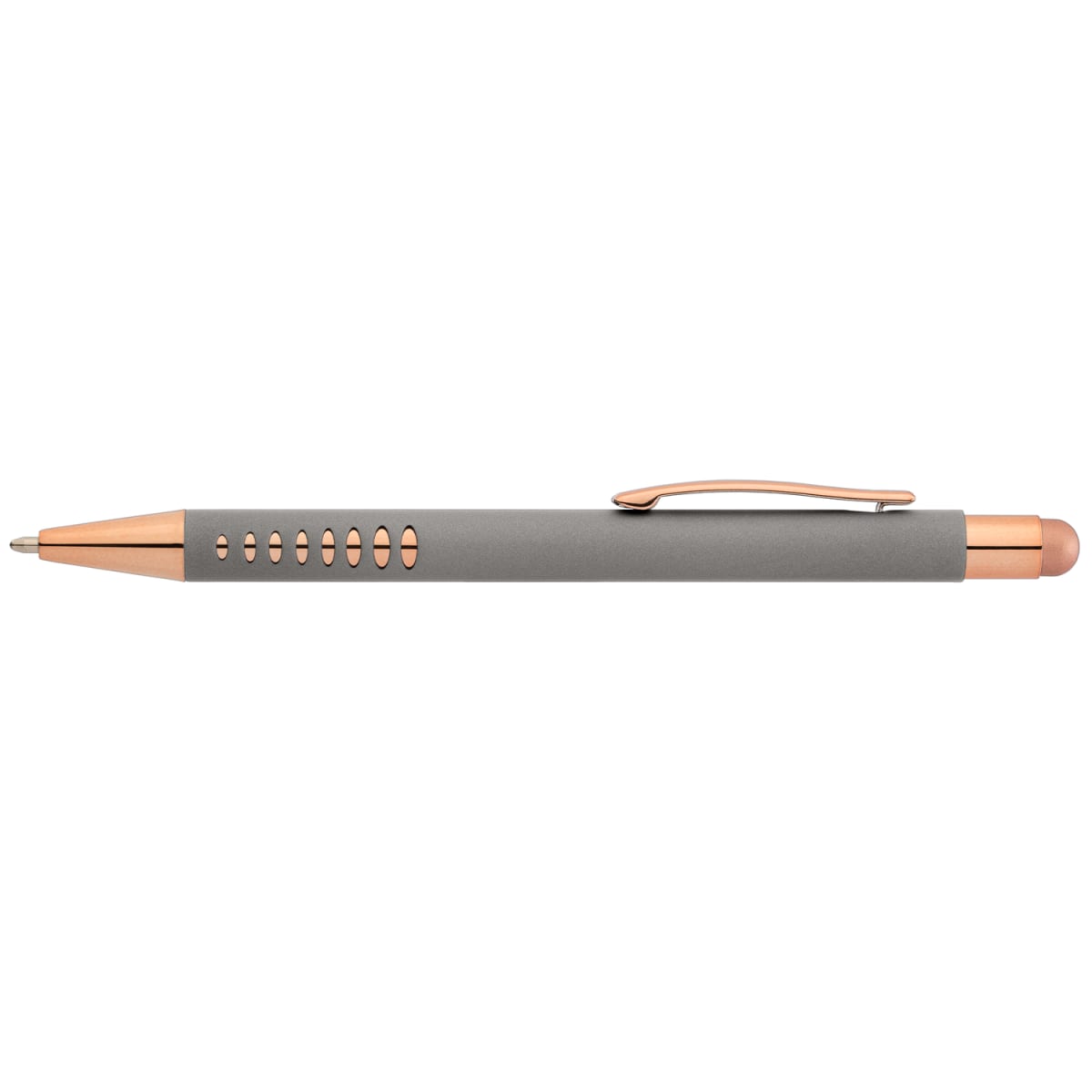 Branded Rose Gold Aluminium Stylus Pen with Cutouts in Gunmetal