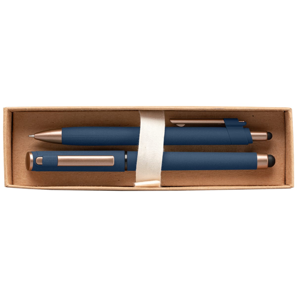 Branded Recycled Plastic Pen Gift Set with Bronze Trim in Navy Blue
