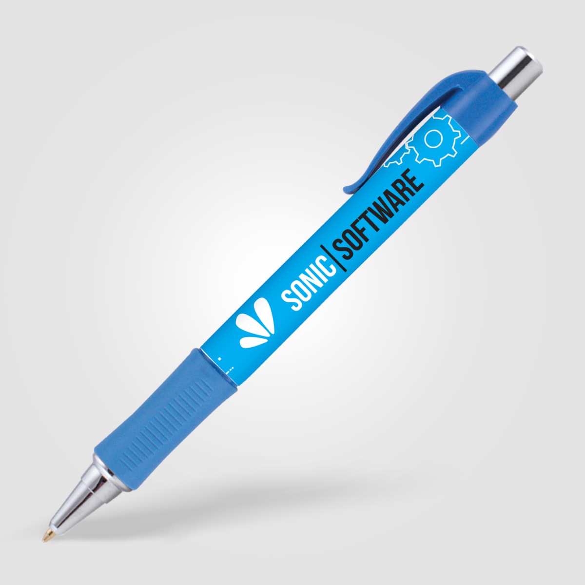Branded Wide Body Retractable Pen with Chrome Accents in Blue