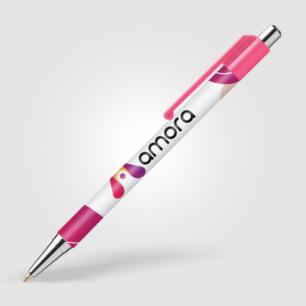 Branded Slimline Chrome Click Pen with Colour Clip in Hot Pink