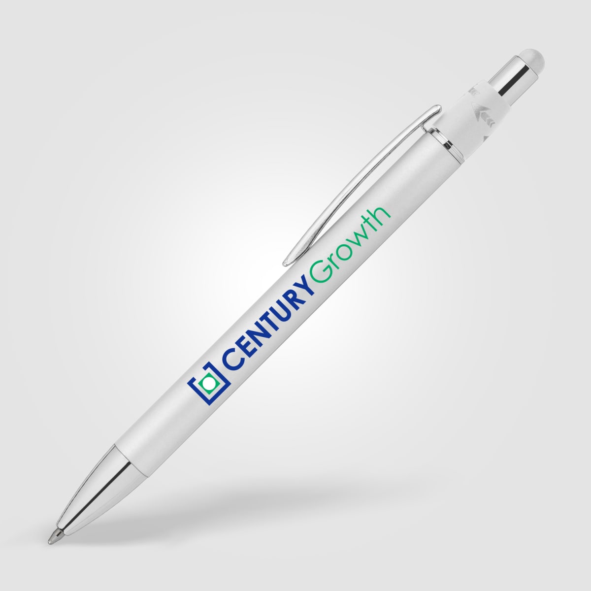 Branded Metal Spinner Pen with Chrome Trim and Stylus