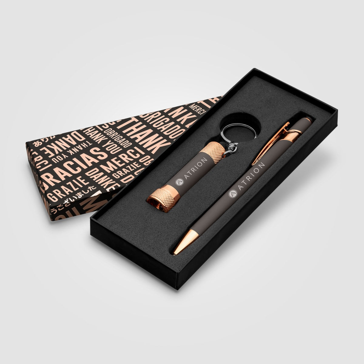 Branded Rose Gold Pen and Torch Gift Set with Thank You Box