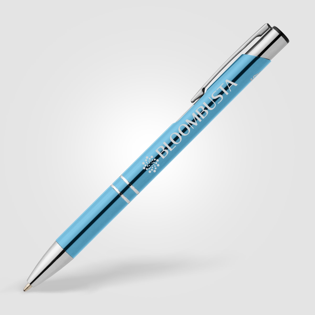 Branded Recycled Aluminium Retractable Pen with Chrome Trim in Light Blue