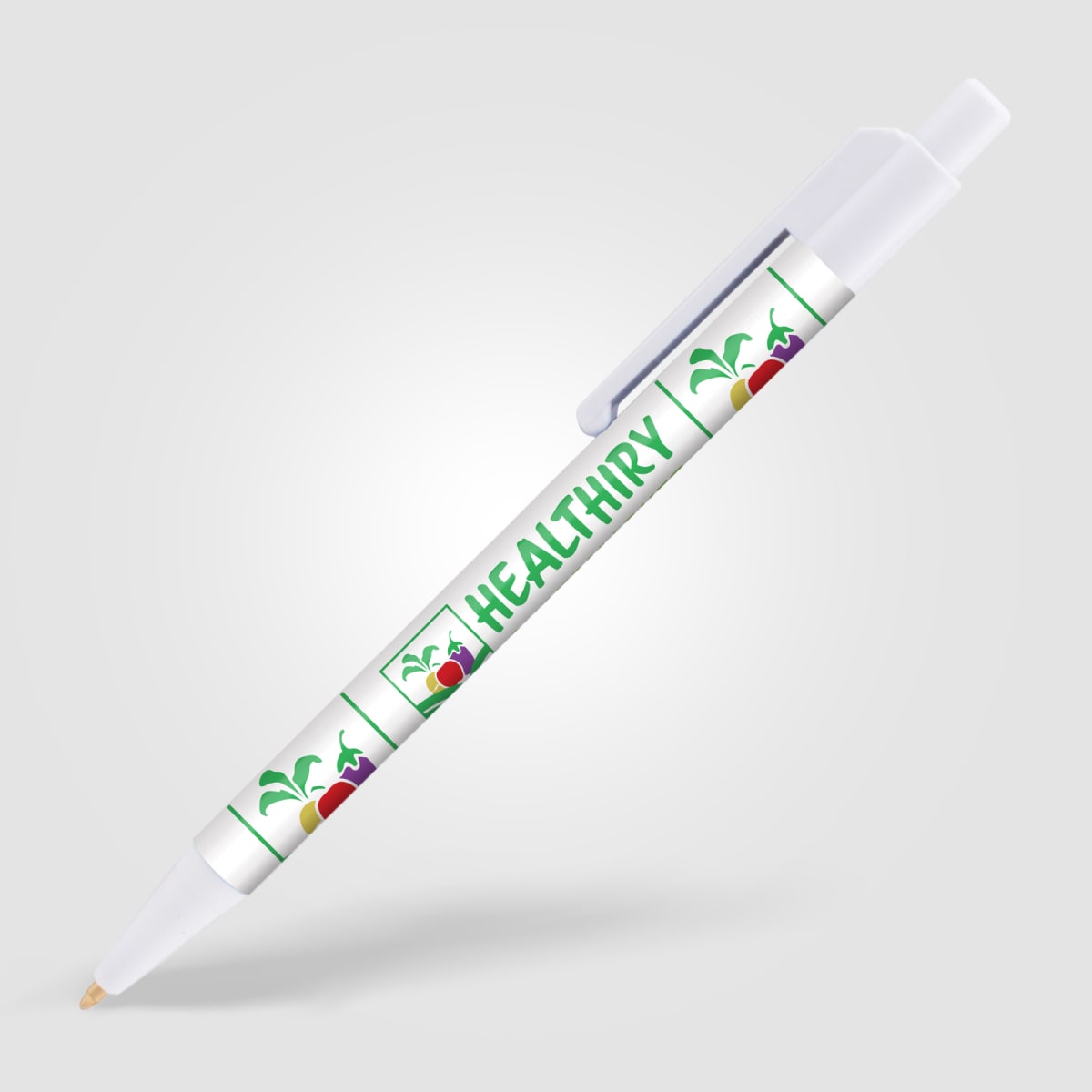 Branded Slimline Retractable Pen with Black and White Trim in White
