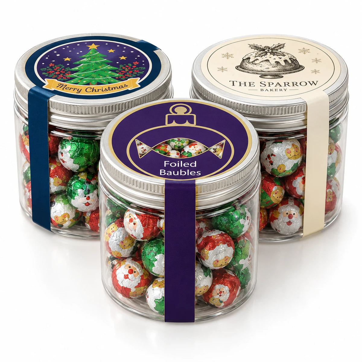 Branded Reuse Me Pot Large filled with foiled chocolate baubles, three printed lid designs
