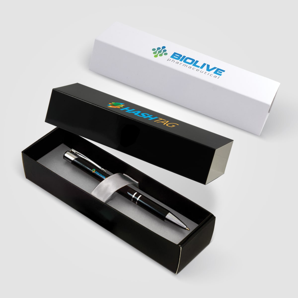 Branded Black Swirl Pen Gift Box with Ribbon