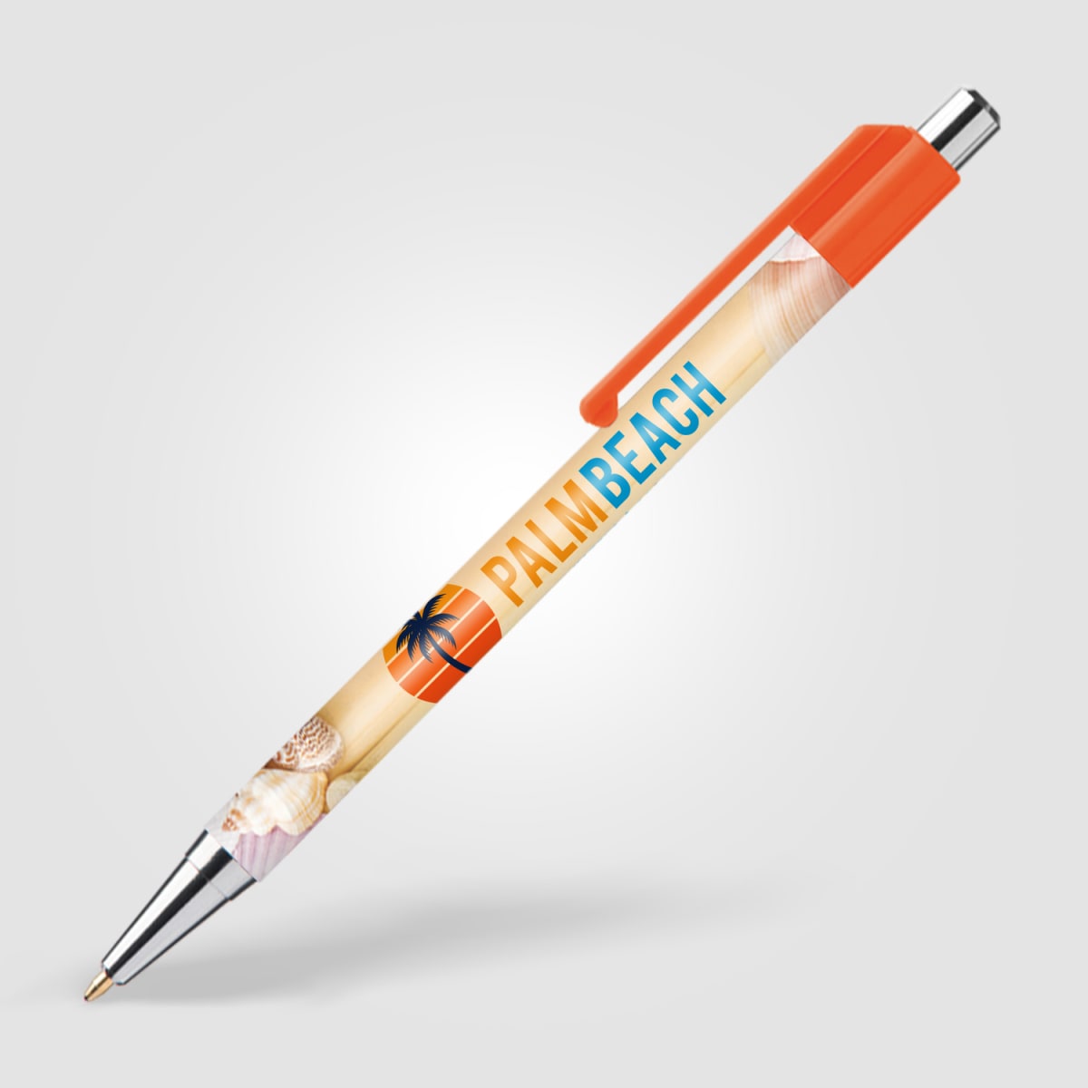Branded Slimline Chrome Click Pen with Colour Clip in Orange