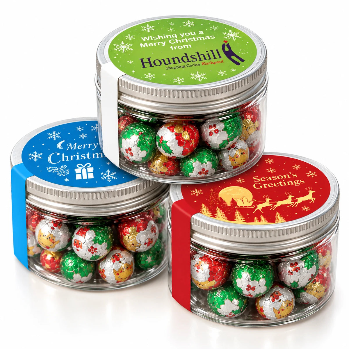 Branded Reuse Me Pot Regular filled with foiled chocolate baubles, three printed lid designs
