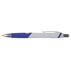 Branded Rubber Grip Retractable Pen with Chrome Nose in Blue