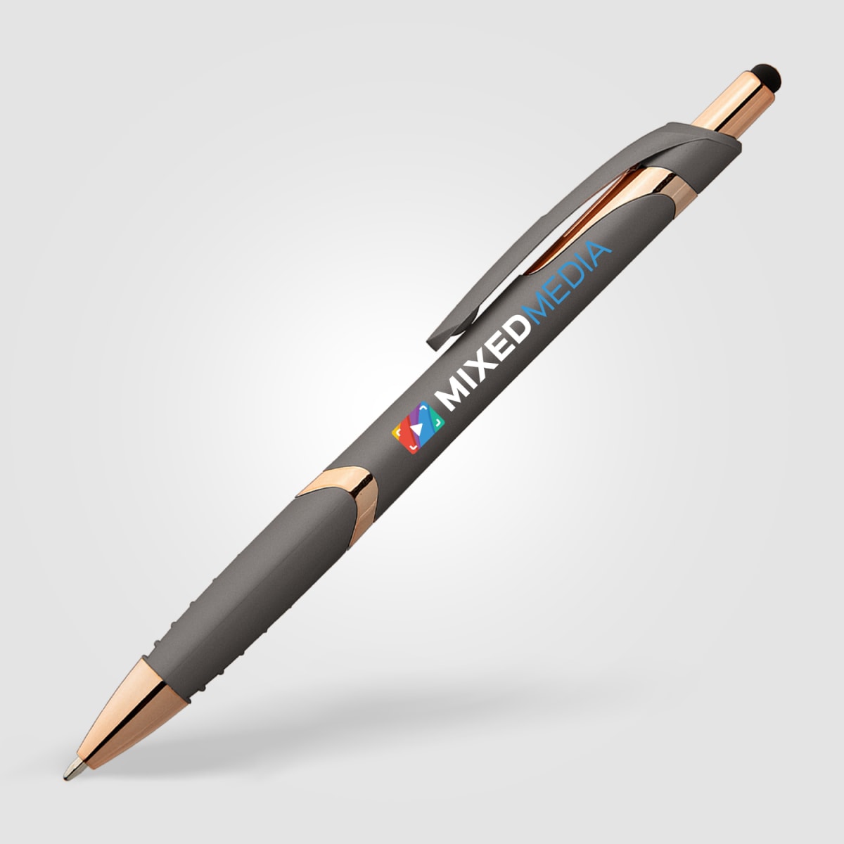 Branded Soft-Touch Plastic Pen with Rose Gold Trim and Stylus