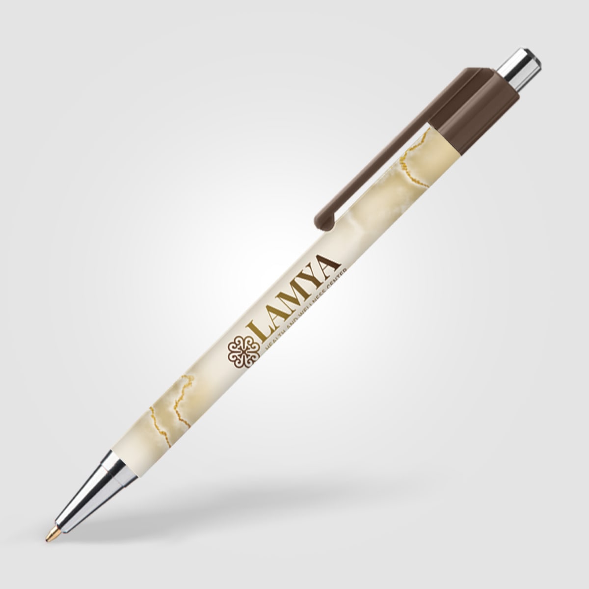Branded Slimline Chrome Click Pen with Colour Clip in Brown